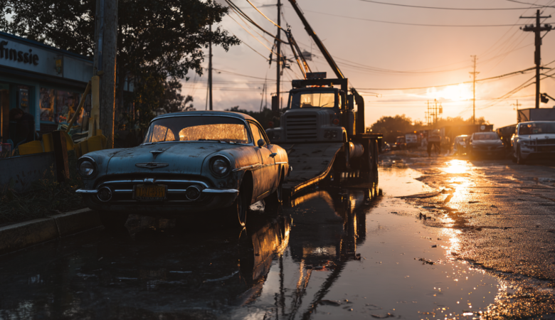 A flood-damaged car at sunrise being prepared for loading onto a flatbed tow truck.
