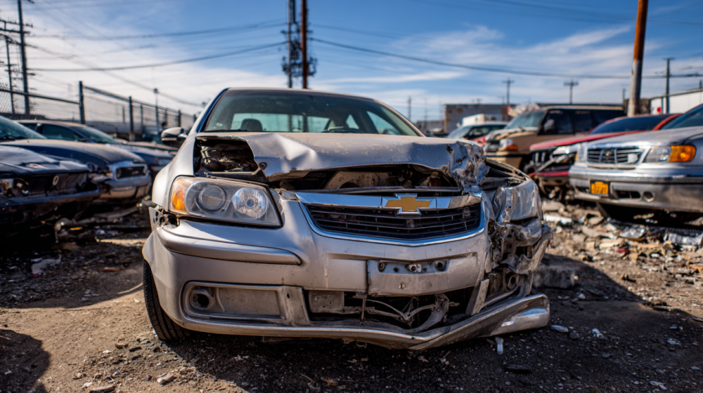 A damaged car in an auto auction lot.
