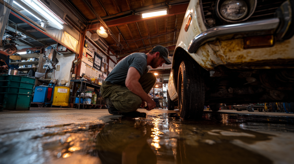 A mechanic inspecting the underside of a flood-damaged vehicle for water intrusion.