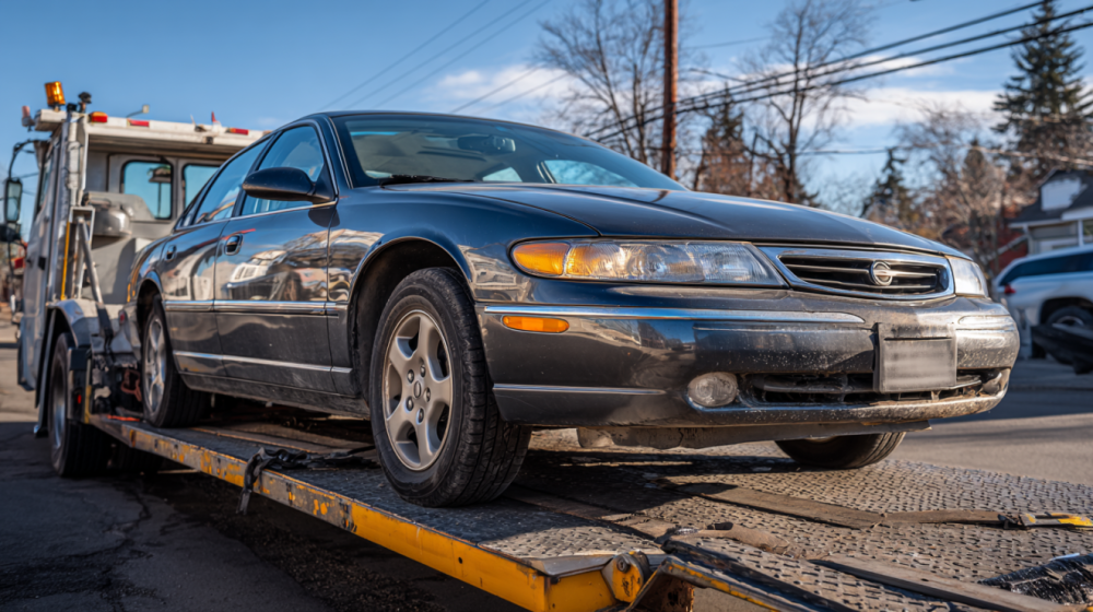 A non-running car sitting on a flatbed tow truck.