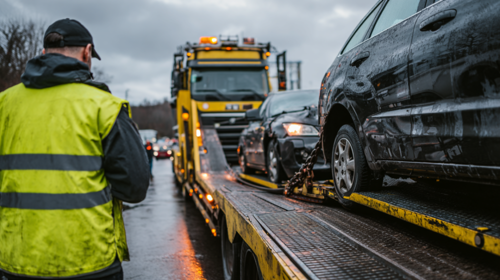 A transport driver winching a non-running flood-damaged car onto an open carrier trailer.