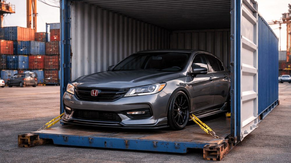 A grey Honda secured inside a shipping container at a cargo port